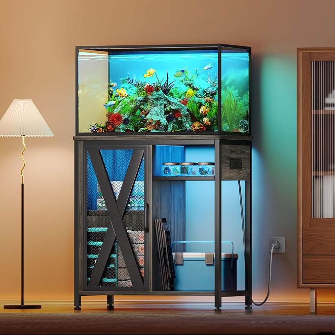 YITAHOME Fish Tank Stand with Power Outlets & LED Light, 20-29 Gallon Metal Aquarium Stand with Cabinet for Fish Tank Accessories Storage for Turtle Tank, Reptile Terrarium, 350LBS Capacity, Grey