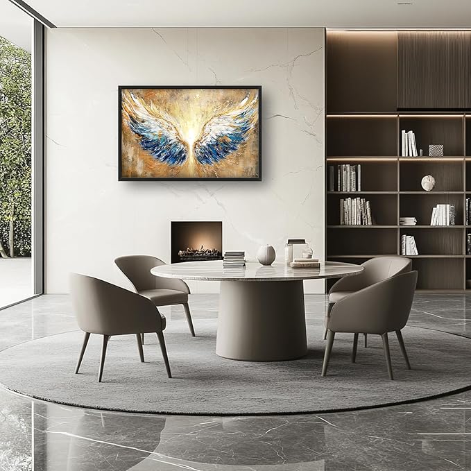 Extra Large Angel Wings Framed Wall Art for Living Room,Oversized Golden Wings Pictures Wall Decor,Holy Gold Blue Canvas Print Painting Modern Artwork Bedroom Office Bathroom 36L" x 24W"