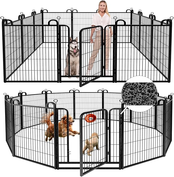 Dog Playpen Outdoor 12 Panels Heavy Duty Dog Fence 40" Height Anti-Rust with Doors Portable for RV Camping Yard, Total 27FT, 58 Sq.ft, Snowy Black