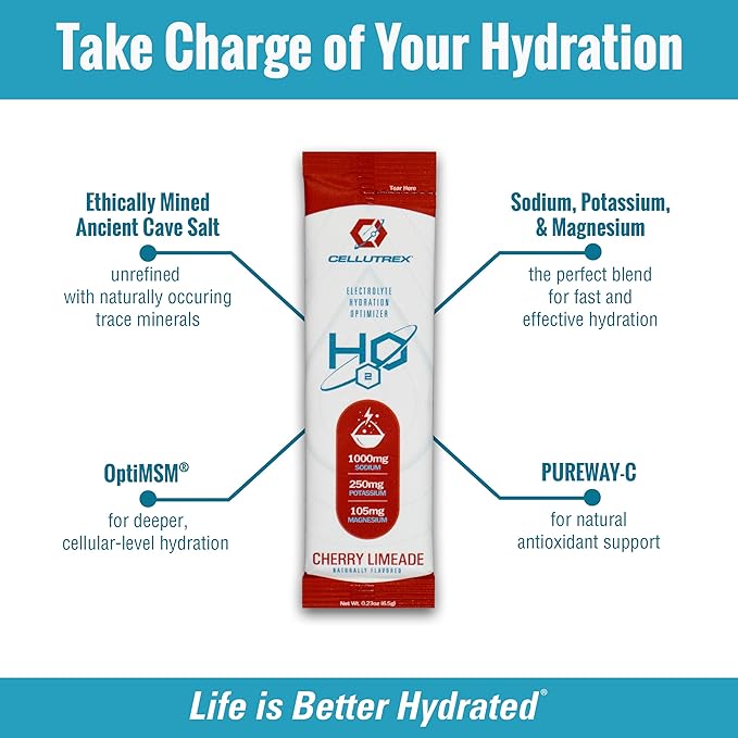 Cellutrex® H2O Electrolytes – Electrolyte Powder Drink Mix, Zero Sugar, Natural Salt Hydration Packets for Recovery and Wellness, Cherry Limeade, 20 Sticks