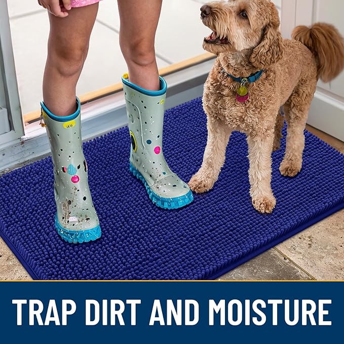 Smiry Dog Door Mat for Muddy Paws 36x24, Absorbs Moisture and Dirt Doormat, Non-Slip Washable Quick Dry Chenille Front Door Mat Indoor Entrance, Entryway Carpet for Inside Floor, Navy Blue