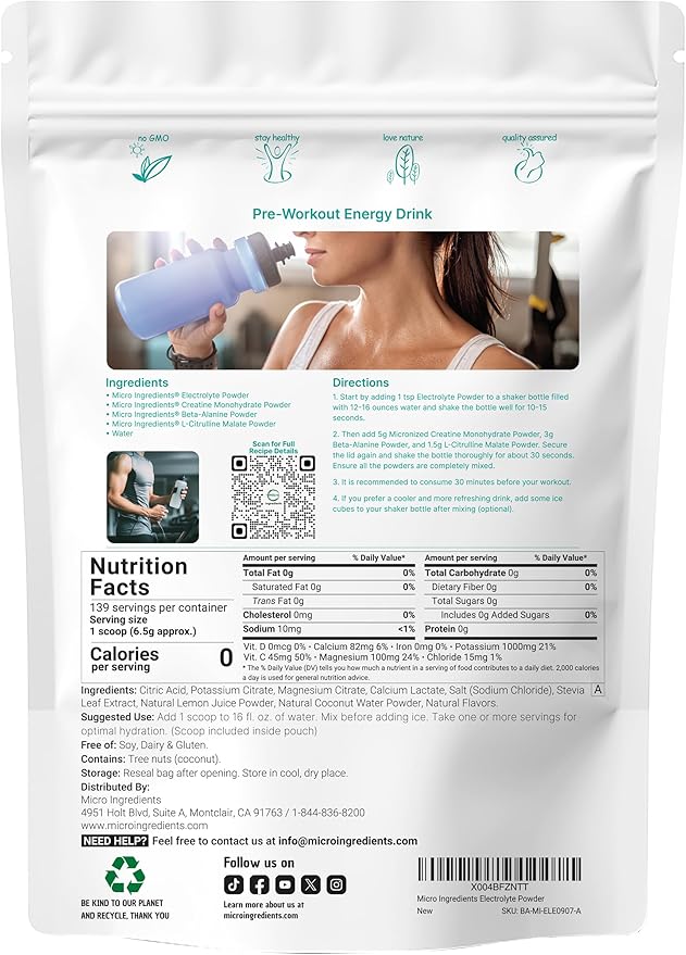 Micro Ingredients Hydration Electrolyte Powder, 2 lb (139 Servings) | Lemon Raspberry Flavor | High Potassium (1,000mg) + Coconut Water & Real Lemon Juice | No Sugar, Keto Friendly | Non-GMO