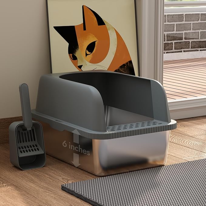 Stainless Steel Cat Litter Box with Lid, 20" L x 14.2" W x11.8 H, Large Cat Litter Box for Multiple Cats with High Sided, No-Leak & Stick, Easy to Clean, Includes Litter Mat & Multi Functional Scoop