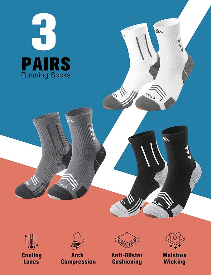 Compression Sport Running Socks: Athletic Crew Socks for Men Women Cycling Hiking Basketball Work,3 Pairs