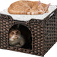 Cat Beds Indoor Kitten House, Handwoven Rattan Cat Cave Pet Cube, Large Cat Houses, One Bed Mat, Foldable, Hideaway, 16.5x16.5x13.2 Inches, 2 S-Shaped Hooks in Living Room Bedroom Brown