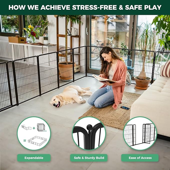 FXW Homeplus Unleashed Indoor Dog Playpen - Stress-Free and Safe Play, Heavy Duty 40 Inch 8 Wire Panels Dog Pen for Medium and Large Dogs, Black│Patented
