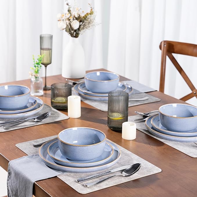 GBHOME Ceramic Dinnerware Sets for 8, 24 Pieces Stoneware Plates and Bowls Sets, Scratch Resistant Dishes, Dishwasher & Microwave Safe, Reactive Glaze-Brunnera Blue