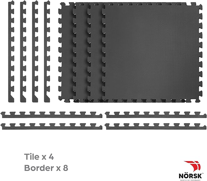 Norsk Multi-Purpose Reversible Floor Mats - EVA Interlocking Foam Tiles (Gray/Black 32 Tiles - 128 sq. Ft. 1/2" Thick)