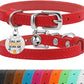 BRONZEDOG Leather Cat Collar with Removable Bells Non Breakaway Kitten QR Tag for Girl Boy (7" - 9" for Cats, Red & Silver)