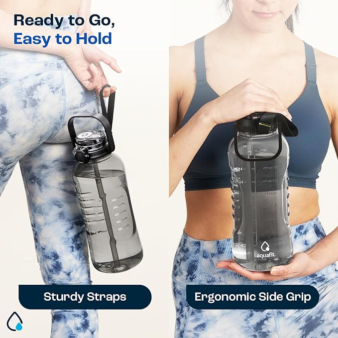 AQUAFIT 64 oz Water Bottle with Time Marker - 2in1 Straw & Chug Lid - BPA Free Big Water Bottle with Straw - Gym Water Bottle with Strap - Water Jug (64 Ounces, Frosty)
