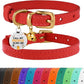 BRONZEDOG Leather Cat Collar with Removable Bells Non Breakaway Kitten QR Tag for Girl Boy (7" - 9" for Cats, Red & Gold)