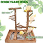 Bird Playground - Natural Wood Bird Perch Stand with Removable Tray and 2 Stainless Steel Cups