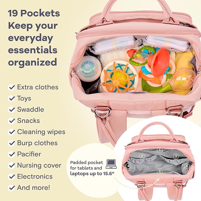 RUVALINO Diaper Bag Backpack, Multifunction Travel Back Pack for Girls, Maternity Baby Changing Bags with Changing Pad for Mom, Large Capacity, Waterproof and Stylish, Pink