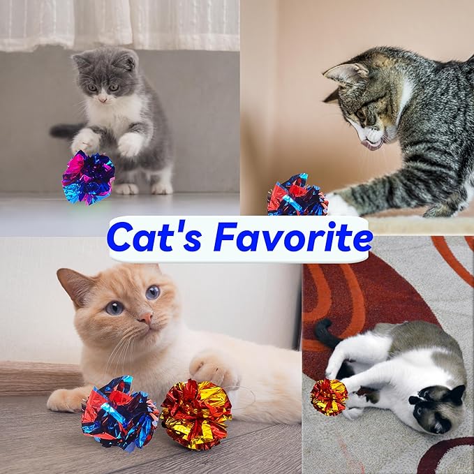 Cat Crinkle Ball Toys 10 Packs for Indoor Cats to Kill Time and Keep Fit, 2.3 Inch Colorful Mylar Crinkle Balls Attract Cats to Swat, Bite, Hunt, Interactive Toys for Cats and Kittens