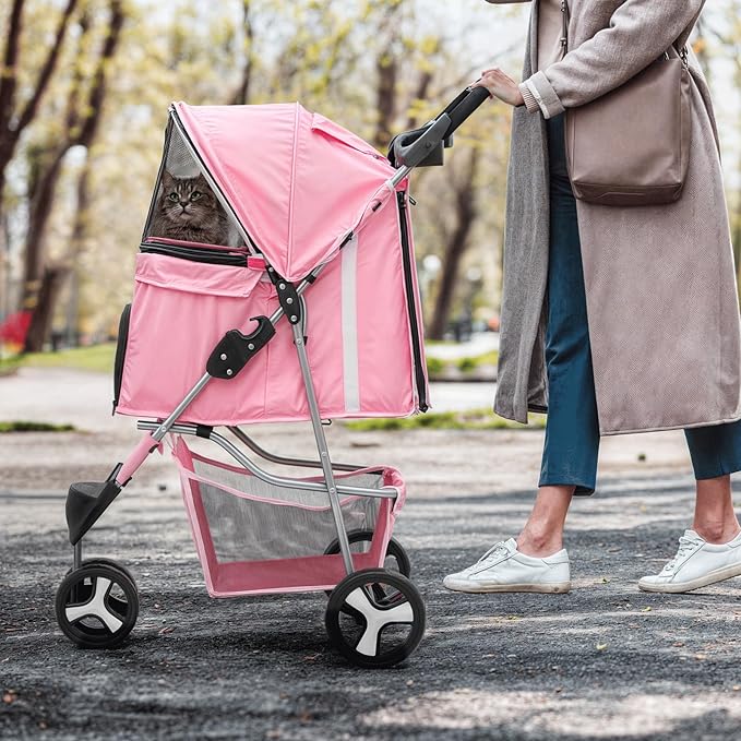 MoNiBloom 3-Wheels Foldable Pet Stroller with Waterproof Cover, Pet Strolling Cart for Small/Medium Dogs and Cats with Storage Basket and Cup Holder, Breathable and Visible Mesh for All-Season, Pink
