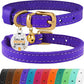 BRONZEDOG Leather Cat Collar with Removable Bells Non Breakaway Kitten QR Tag for Girl Boy (9" - 12" Cats/Mini Dogs, Purple & Gold)