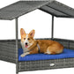 PawHut Wicker Dog House Outdoor with Canopy, Rattan Dog Bed with Water-Resistant Cushion, Raised Dog Bed for Small, Medium Dogs up to 66 lbs, 19.75" in Length, Gray Wicker, Dark Blue Cushion