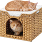 Cat Beds Indoor Kitten House, Handwoven Rattan Cat Cave Pet Cube, Large Cat Houses, One Bed Mat, Foldable, Hideaway, 16.5x16.5x13.2 Inches, 2 S-Shaped Hooks in Living Room Bedroom Natural