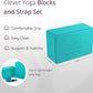 Clever Yoga Blocks 2 Pack with Strap - Extra Light Weight Sweat Repelling Foam Yoga Block Set with Cotton 8ft Yoga Stretch Strap - Yoga Block and Strap Set Kit for Beginner to Pro - Exercise