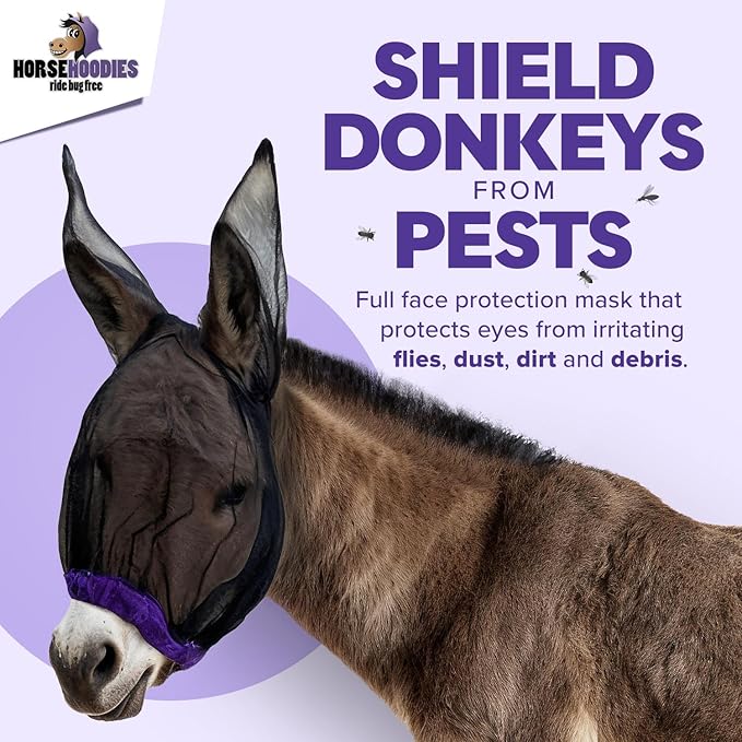 Donkey Fly Mask with Long Ears (Blue) Made in USA - Mule Fly Mask with Ears Protection from Insects and Bugs, Mini Donkey Soft Mesh Fabric with Adjustable Fastener, Face Cover Supplies for Donkeys