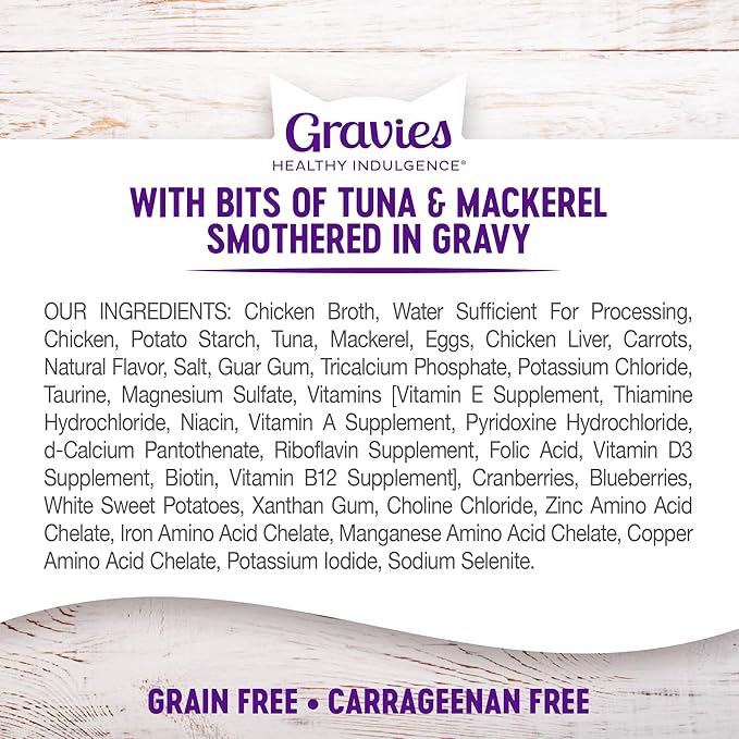 Wellness Healthy Indulgence Gravy Adult Wet Cat Food, Natural, Protein-Rich, Grain Free, 3 Ounce Pouch, 24 Pack, (Tuna & Mackerel)