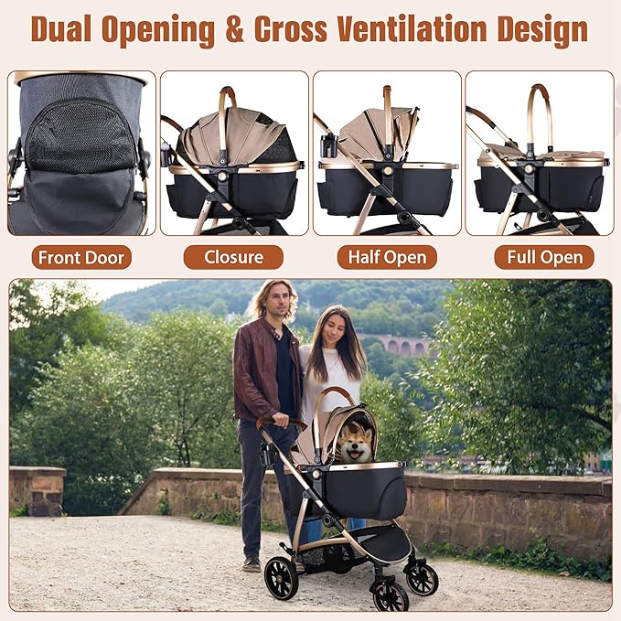 3 in 1 Multifunction Pet Stroller for Small Medium Dogs Cats, No-Zip Dog Stroller with Detachable Carrier & Cup Holder, One-Hand Quick Fold, 4 Wheels Travel Foldable Aluminum Alloy Frame Up to 33 lbs