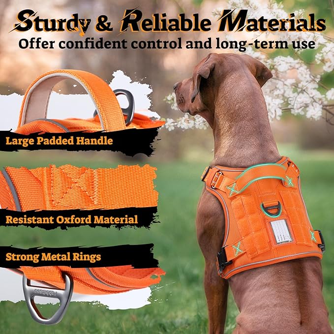 rabbitgoo Dog Harness Medium Sized No Pull, Tactical Service Pet Vest with Molle and Control Handle, Adjustable and Reflective Military Harness for Easy Walking and Training, Orange, M