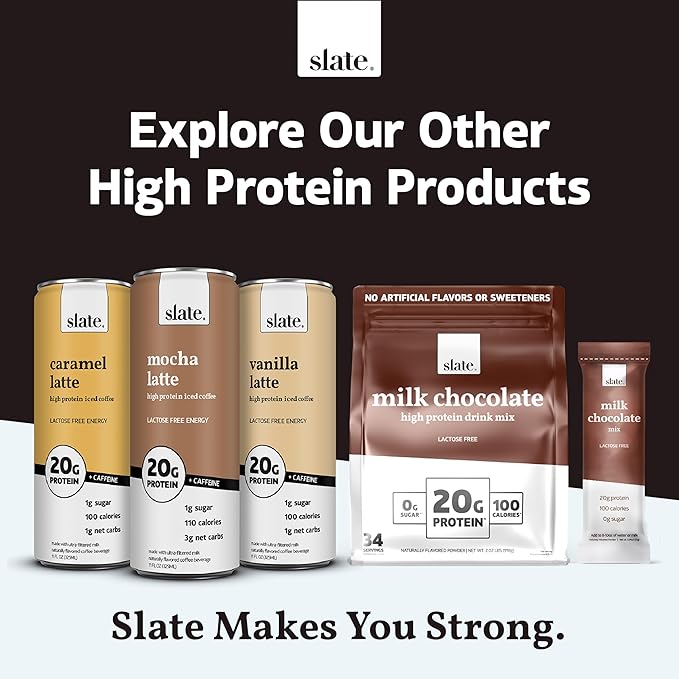 Slate Milk - High Protein Milk Shake - Classic Chocolate - Lactose Free, 20g Protein, 1g Sugar, 100 Calories, 2g Net Carbs, No Added Sugar - Natural, Breakfast Boost, Post Workout - 11 fl oz, 48 Cans