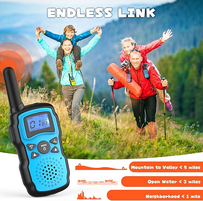 Wishouse Walkie Talkies for Kids Rechargeable with USB Charger 6000mAh Battery,Outdoor Camping Games with Flashlight Lanyard,Toys for Girls,Halloween Xmas Birthday Gift for Children 2 Pack Blue