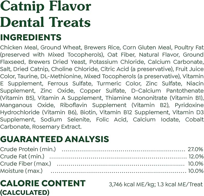 Greenies Feline Adult Dental Cat Treats, Catnip Flavor, 2.1 oz. Pack