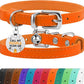 BRONZEDOG Leather Cat Collar with Removable Bells Non Breakaway Kitten QR Tag for Girl Boy (9" - 12" Cats/Mini Dogs, Orange & Silver)