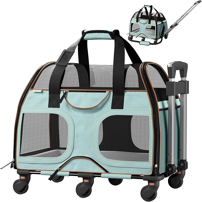 Katziela Pet Carrier - Airline Compliant Dog Carrier - TSA Approved Pet Carrier for Small Dogs and Cats - Soft FAA Travel Airplane Dog Carrier Luggage (Blue/Brown-6 Wheels)