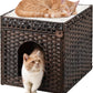 Cat Beds for Indoor Cats Extra Large Double Cat Cave Pet Cube, Handwoven Rattan Cat Houses with Double-Sided Soft Cushions, 18.5 x 20.5 x 19.1 Inches Foldable Hideaway in Living Room Brown