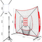 7'X7' Baseball Softball Practice Net,Pitching Net,Batting Net,with Baseball Tee,Bonus Strike Zone and Bow Frame,for Hitting,Pitching, Catching