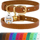 BRONZEDOG Leather Cat Collar with Removable Bells Non Breakaway Kitten QR Tag for Girl Boy (9" - 12" Cats/Mini Dogs, Light Brown & Gold)