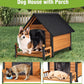 GUTINNEEN Dog House Outdoor Weatherproof with Porch, Puppy Shelter Indoor with Anti-Bite Design, PVC Curtain, Asphalt Roof, Elevated Waterproof Base, for Small to Medium Dogs - Brown
