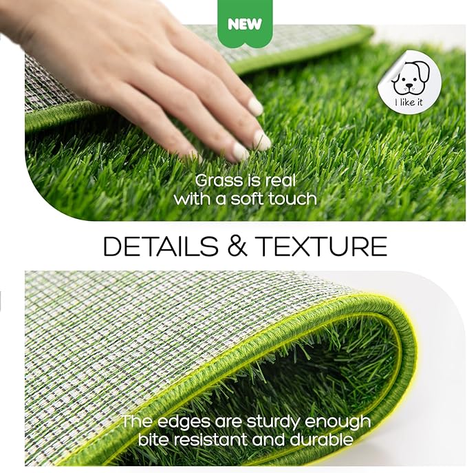 Dog Grass Pad with Tray, 23×16in Small Litter Box, 2×Grass Pad for Dogs Potty Washable, Thick Soft Odor-Free Hemmed Dog Pee Grass, Indoor Puppy Potty Training Balcony (Without Grid)
