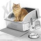 XL Stainless Steel Litter Box with Lid for Big Cats - Prevents Odor & Stains - Leak-Proof, Rust-Free & Non-Stick - Extra Large Cat Litter Box Stainless Steel with Scooper, Brush, Bowl & Mat Included