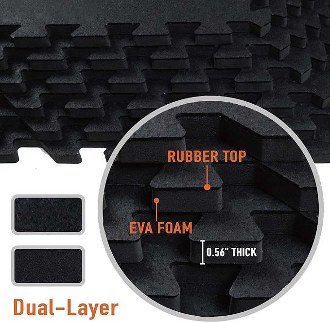AIRHOP 0.56in Thick 96 Sq Ft Exercise Equipment Mats, 24 Tiles Upgraded Rubber Top with High Density EVA Foam, Large Interlocking Puzzle Gym Flooring for Home Gym, Heavy Weight Workout,Black