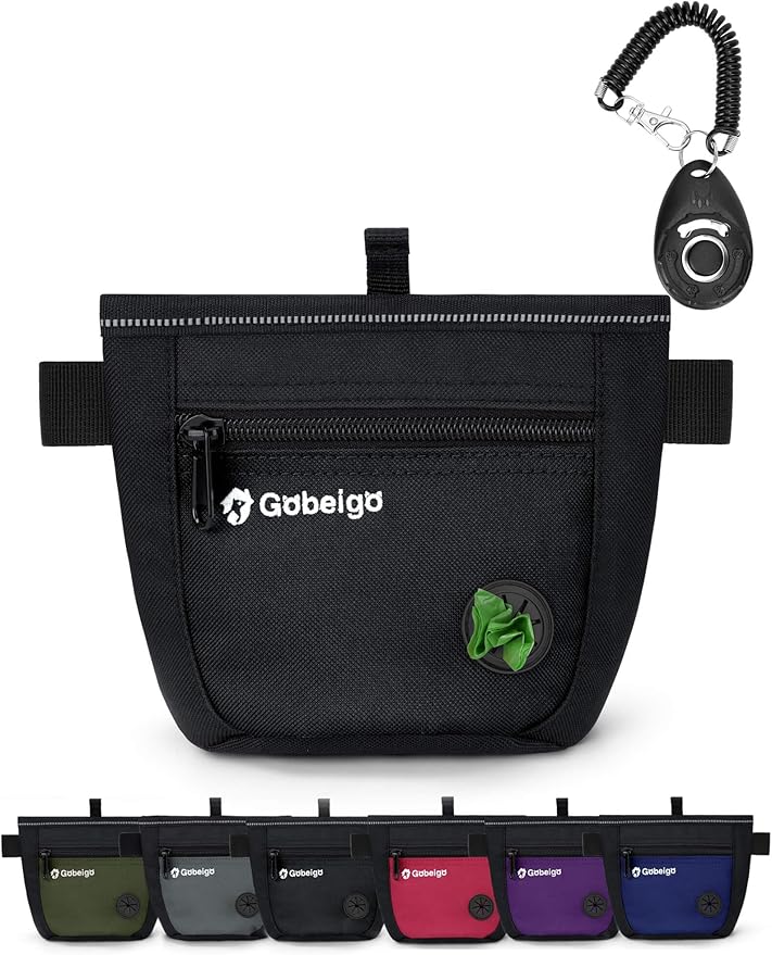 Gobeigo Dog Treat Pouch and Training Clicker, Upgrade Two Magnetic Closure to Prevent Spills, 2 Cup Treat Bag with Poop Bag Dispenser, Metal Clip Waist Belt Fanny Pack for Pet Walk (Black)