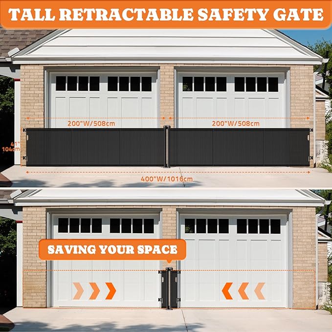 2-in-1 Retractable Baby Gates, 41" Tall Mesh Dog Gate 1-Pack, One Side Up to 200" Wide, Total 400" Wide, Long Retractable Pet Gate for Yard Swimming Pool Garage Indoor Outdoor-Black