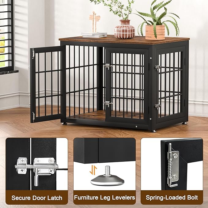 32 Inch Heavy Duty Dog Crate Furniture for Medium and Small Dogs, Decorative Pet House End Table, Wooden Cage Kennel Furniture Indoor, Rustic Brown