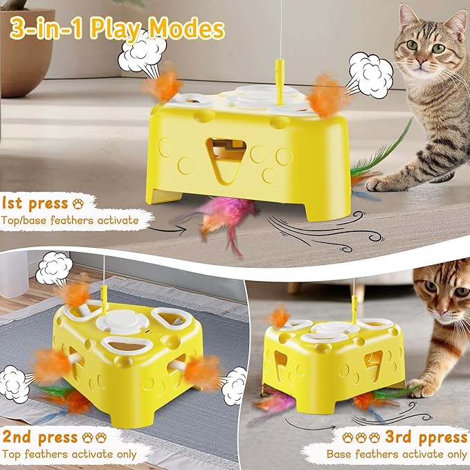 3-in-1 Interactive Cat Toy for Indoor Cats,Automatic Kitten Toys,Flying Bird,6 Holes Mole,Rotating Feather, USB Rechargeable Electronic Interactive Feather Toy for Bored Adult & Kitten Cats