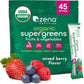 Zena Nutrition Organic Super Greens Powder, 70+ Superfoods, 0 Sugar, 5G Fiber, Spirulina, Chlorella, Antioxidants, Prebiotics/Probiotics, Digestive Enzymes, Mixed Berry, 45 Drink Mix Packets