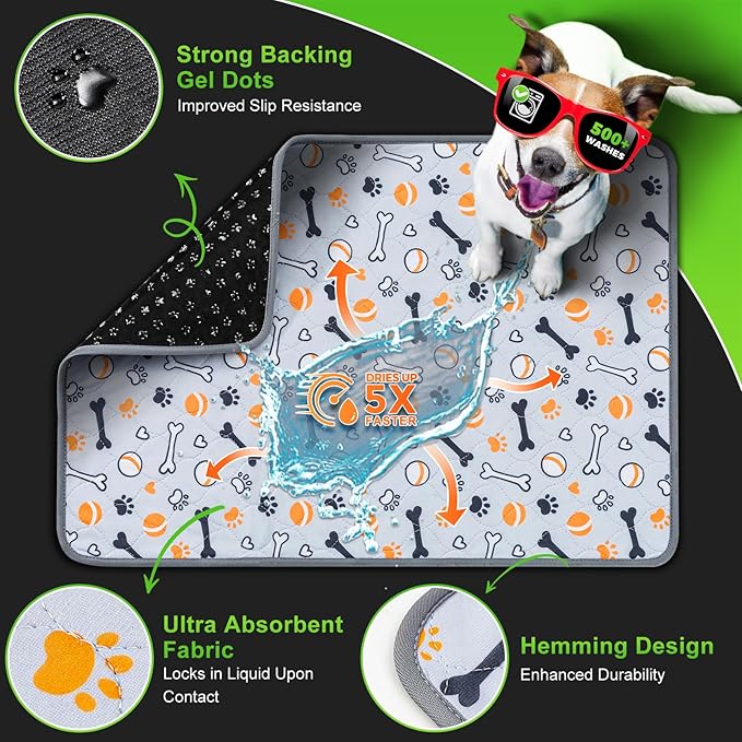 Hompet Washable Pee Pads for Dogs, 51"x28", 2-Pack Thick Heavy Absorbency Reusable Pee Pads Prevent Leakage Non-Slip, Pet Training Pads for Puppy Playpen, Crate, Potty, Floor, Bed, Sofa