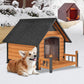 GUTINNEEN Insulated Dog House Outdoor, Waterproof Dog Kennel with Anti-Bite Design, Asphalt Roof, Elevated Base, PVC Curtain, for Small to Medium Dogs - Brown