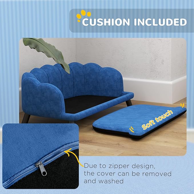PawHut Velvet Large Dog Couch with Foam Cushion, Soft and Cute Bed with Pearl Design, Sofa for Big and Medium Dogs, Dark Blue