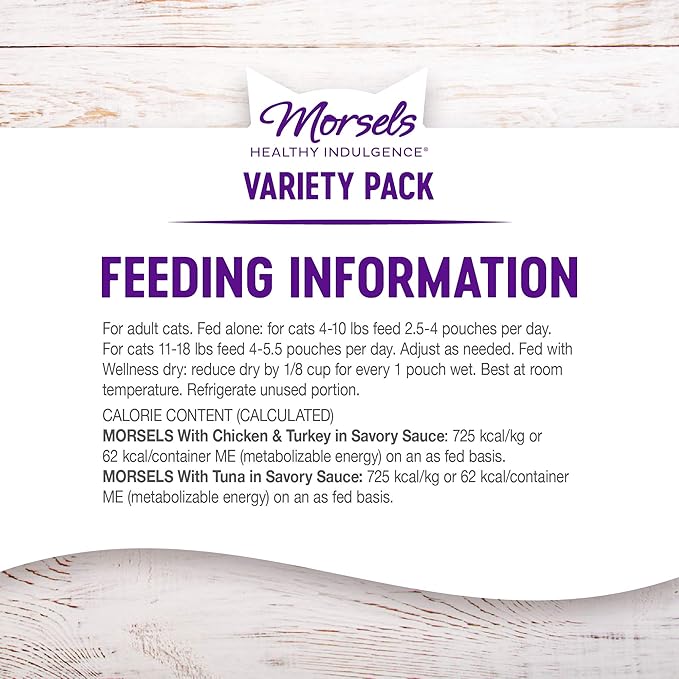 Wellness Healthy Indulgence Morsels Adult Wet Cat Food, Natural, Protein-Rich, Grain-Free, 3 Ounce Pouch, 8 Pack, (Morsels Variety Pack)