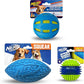 Nerf Dog Toy Gift Set, 3-Piece Set of Outdoor Dog Toys for Fetch, Includes Checker Crunch Ball, Spike LED Squeak Ball and Tire Squeak Football