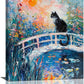 Quorin Black Cat Wall Art Water Lily Sunset Pictures Cat Wall Decor Impressionism Canvas Print Painting Artwork for Bathroom Living Room Bedroom 20"x24"